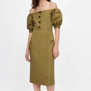 [ZARA] Army/Olive Green Puff Sleeve, Off-The-Shoulder, Button Up Midi Dress - M